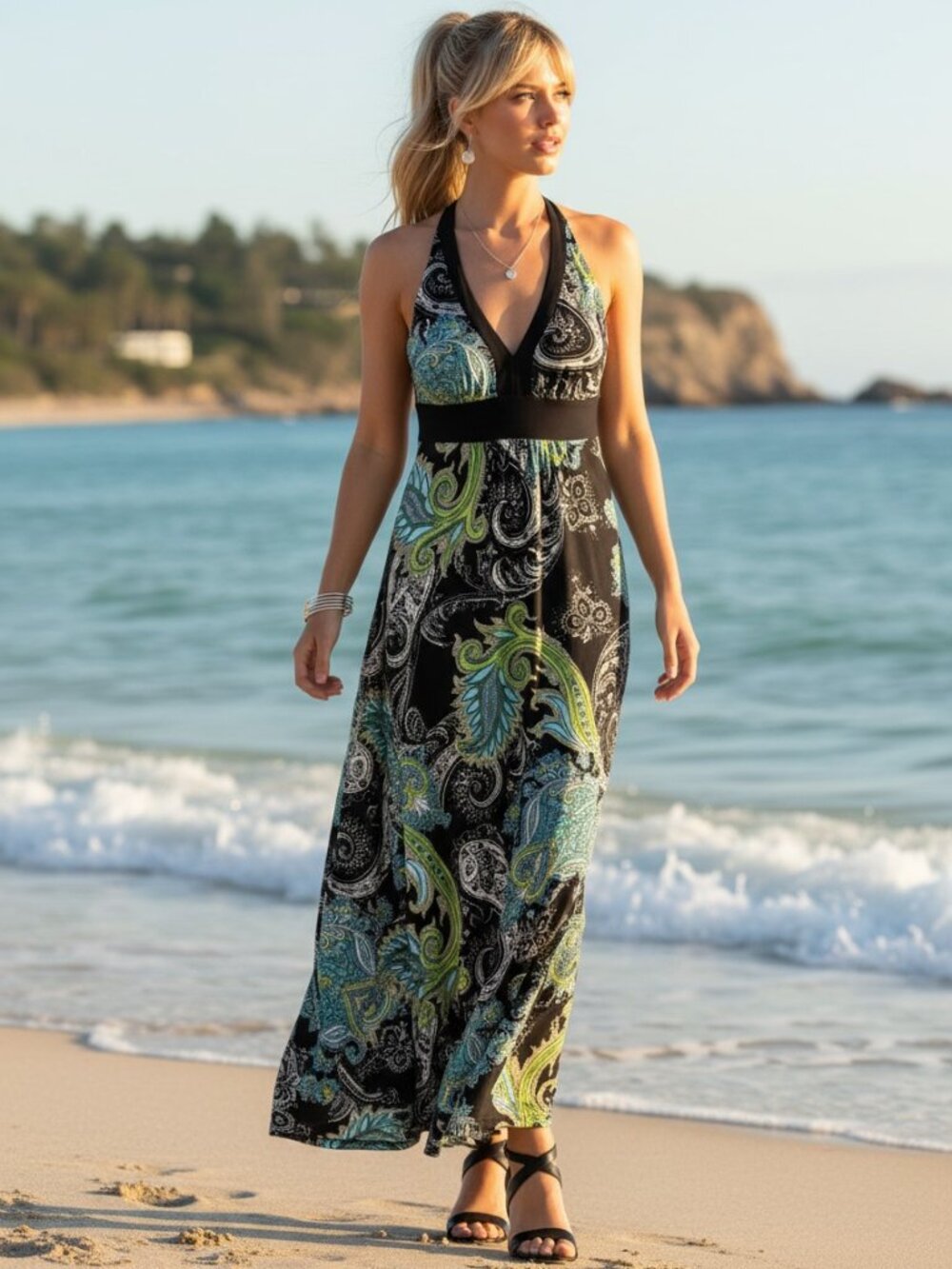 Bisou Bisou Michele Bohbot Maxi Dress Sz 8 Black Paisley Halter
